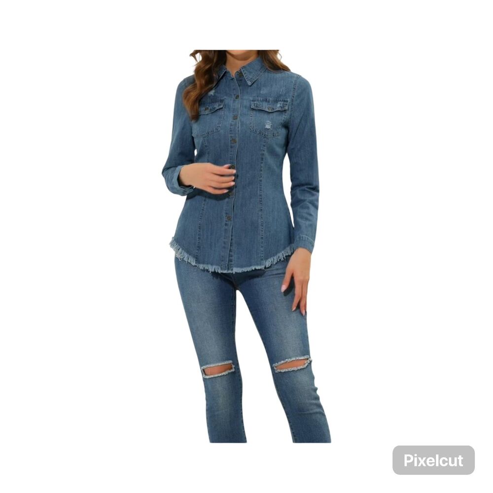 Allegra K Size Medium point collar, raw hem button denim shirt NWOT